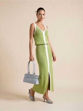Commense Lime Green Maxi Knit Dress with White Center Stripe